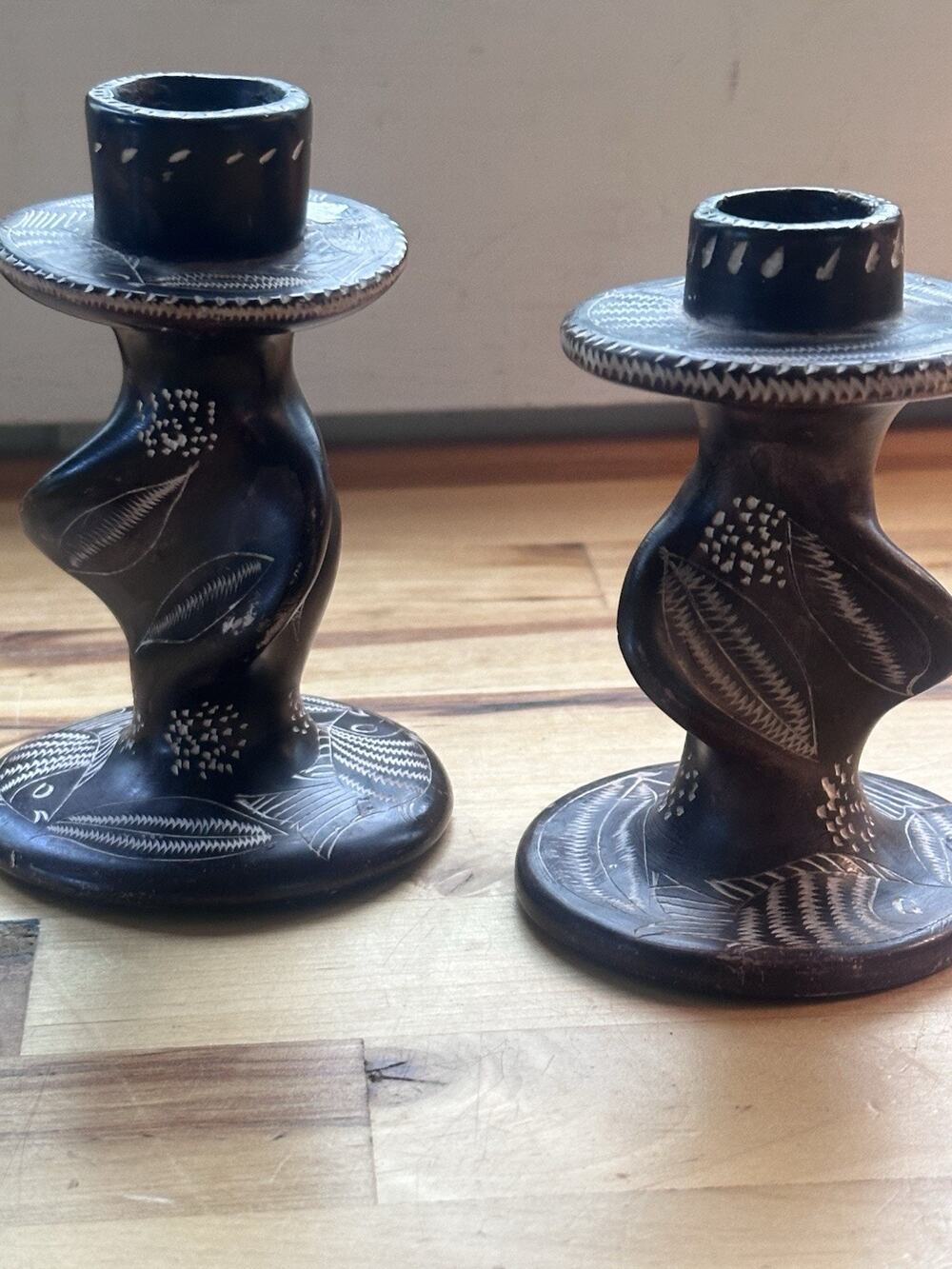 Vintage Kenya Africa Handmade 5”Tall Twisted Soapstone Candle Holders Set Of 2